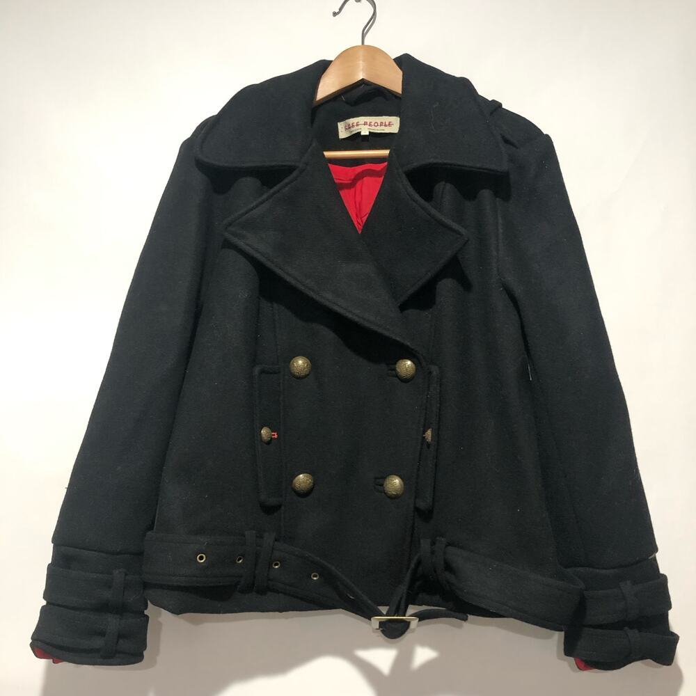 Free People Cecelia Peacoat Jacket Coat Button Front Buckle Detail Black Size M - Picture 5 of 15
